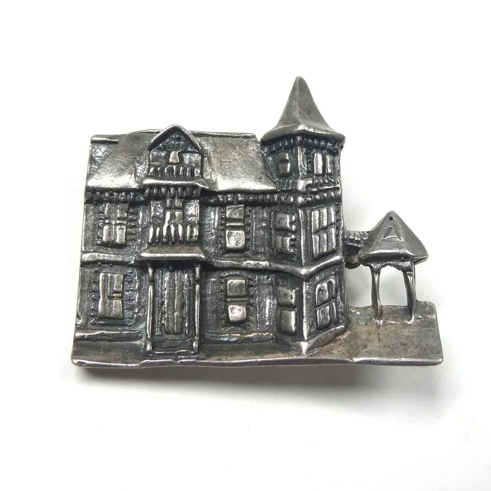 Massachusetts Victorian House Mansion Pin 925 Sterling Silver Vintage Brooch